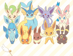 Size: 969x735 | Tagged: safe, artist:mugita konomi, eevee, eeveelution, espeon, fictional species, flareon, glaceon, jolteon, leafeon, mammal, sylveon, umbreon, vaporeon, feral, nintendo, pokémon, 2022, 2d, 2d animation, ambiguous gender, ambiguous only, animated, behaving like a cat, black nose, cheek fluff, cute, ears, fins, fluff, fur, gif, group, hair, loafing, long ears, lying down, neck fluff, on model, paws, prone, simple background, striped background, tail, tail wag