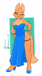 Size: 2276x4096 | Tagged: safe, artist:ambris, diane foxington (the bad guys), canine, fox, mammal, anthro, plantigrade anthro, dreamworks animation, the bad guys, 2022, bedroom eyes, big breasts, blue clothing, blue dress, border, bracelet, breasts, cleavage, clothes, digital art, dreamworks face, dress, ear fluff, eyebrow piercing, eyebrows, eyelashes, female, fluff, garter, green eyes, hand on hip, high heels, jewelry, legs, looking at you, narrowed eyes, no underwear, piercing, pose, raised eyebrow, sexy, shoes, side slit, smiling, smiling at you, solo, solo female, strapless, thick thighs, thighs, total sideslit, vixen, white border, wide hips
