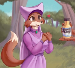 Size: 1280x1158 | Tagged: safe, artist:cooliehigh, maid marian (robin hood), robin hood (robin hood), canine, fox, mammal, anthro, disney, robin hood (disney), 2020, black nose, breasts, canon ship, cheek fluff, clothes, couple, digital art, dress, ears, eyelashes, female, female focus, fluff, forest, fur, heart, holding, open mouth, orange juice, plant, pun, shipping, solo focus, tail, thighs, tongue, tree, vixen, wide hips
