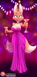 Size: 1024x2097 | Tagged: safe, artist:jamoart, diane foxington (the bad guys), canine, fox, mammal, anthro, dreamworks animation, the bad guys, alcohol, big breasts, blushing, breasts, champagne, champagne glass, cleavage, female, jewelry, looking at you, necklace, open mouth, open smile, smiling, smiling at you, solo, solo female, tail, tail wag, vixen, wide hips