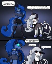 Size: 1500x1835 | Tagged: safe, artist:omny87, loona (vivzmind), princess luna (mlp), alicorn, canine, equine, fictional species, hellhound, mammal, pony, anthro, digitigrade anthro, feral, friendship is magic, hasbro, hazbin hotel, helluva boss, my little pony, 2022, annoyed, anthrofied, belly button, blue hair, bottomwear, clothes, comic, crossover, demonified, dialogue, duo, duo female, female, females only, feralized, fur, gray body, gray fur, hair, hellhoundified, legwear, mare, multicolored fur, ponified, red eyes, skirt, species swap, speech bubble, talking, teal eyes, text, thigh highs, two toned body, two toned fur, white body, white fur, white hair