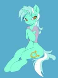 Size: 1303x1737 | Tagged: safe, artist:fajeh, lyra heartstrings (mlp), equine, fictional species, mammal, pony, unicorn, feral, friendship is magic, hasbro, my little pony, 2022, bipedal, blue background, clothes, female, green body, green hair, green mane, green tail, hair, horn, lidded eyes, mane, mare, simple background, sitting, solo, solo female, tail