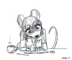 Size: 1359x1133 | Tagged: safe, artist:jamilsart, oc, oc:lexi, mammal, mouse, rodent, anthro, coffee, coffee cup, drink, female, glasses, looking down, round glasses, solo, solo female, writing