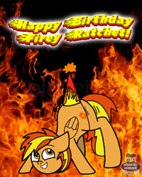 Size: 1080x1348 | Tagged: safe, artist:mrstheartist, oc, oc only, oc:firey ratchet, equine, fictional species, mammal, pegasus, pony, feral, friendship is magic, hasbro, my little pony, birthday hat, butt, butt shake, face down ass up, fire background, male, stallion