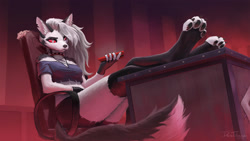 Size: 1920x1080 | Tagged: safe, artist:dantibana, loona (vivzmind), canine, fictional species, hellhound, mammal, anthro, digitigrade anthro, hazbin hotel, helluva boss, 16:9, 2021, breasts, cell phone, clothes, ear fluff, female, fluff, gray hair, hair, long hair, looking at you, phone, smartphone, solo, solo female, tail, tail fluff, thighs