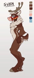 Size: 1524x3472 | Tagged: safe, artist:notsafeforhoofs, oc, oc only, oc:sven (notsafeforhoofs), cervid, deer, mammal, reindeer, anthro, unguligrade anthro, 2019, antlers, bell, blue eyes, brown body, brown fur, chest fluff, cream body, cream fur, dewclaw, digital art, ears, fluff, fur, hooves, male, nudity, side view, simple background, solo, solo male, standing, tack, tail