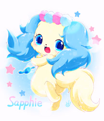 Size: 1035x1200 | Tagged: safe, artist:nabe。, sapphie (jewelpet), canine, cavalier king charles spaniel, dog, mammal, spaniel, semi-anthro, jewelpet (sanrio), sanrio, 2021, ears, female, garland, pixiv, solo, solo female, tail