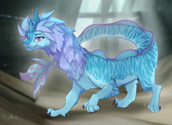 Size: 1280x931 | Tagged: safe, artist:horitoy, sisu (raya and the last dragon), dragon, eastern dragon, fictional species, furred dragon, feral, disney, raya and the last dragon, 2022, 2d, blue body, blue fur, female, fur, hair, horn, looking at you, purple eyes, purple hair, solo, solo female