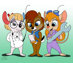 Size: 1280x1097 | Tagged: safe, artist:lovelymaggiewings, gadget hackwrench (chip 'n dale: rescue rangers), petri (animal crossing), princess sally acorn (sonic), chipmunk, mammal, mouse, rodent, anthro, animal crossing, animal crossing: new horizons, archie sonic the hedgehog, chip 'n dale: rescue rangers, disney, nintendo, sega, sonic the hedgehog (series), 2021, 2d, clipboard, crossover, female, females only, glasses, goggles, goggles on head, murine, trio, trio female, wrench