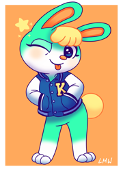 Size: 1079x1500 | Tagged: safe, artist:lovelymaggiewings, sasha (animal crossing), lagomorph, mammal, rabbit, anthro, animal crossing, animal crossing: new horizons, nintendo, 2d, blep, blue eyes, blue jacket, blushing, bottomless, bunny ears, bunny tail, cute, featureless crotch, femboy, fur, green body, green fur, hair, hands in pockets, letterman jacket, looking at you, male, nudity, one eye closed, partial nudity, smiling, smiling at you, solo, solo male, tail, tongue, tongue out, winking, yellow hair, yellow tail
