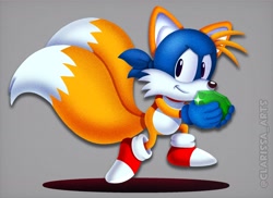 Size: 1840x1336 | Tagged: safe, artist:clarissa arts, miles "tails" prower (sonic), swiper (dora the explorer), canine, fox, mammal, red fox, anthro, plantigrade anthro, dora the explorer, nickelodeon, sega, sonic the hedgehog (series), 2019, 2d, chaos emerald, clothes, cosplay, crossover, dipstick tail, gloves, gray background, male, mask, multiple tails, on model, shoes, simple background, solo, solo male, tail, two tails