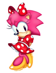 Size: 1300x1700 | Tagged: safe, artist:clarissa arts, amy rose (sonic), minnie mouse (disney), hedgehog, mammal, disney, mickey and friends, sega, sonic the hedgehog (series), 2018, 2d, bow, clothes, cosplay, crossover, dress, female, front view, hair bow, looking at you, on model, puffy sleeves, simple background, solo, solo female, three-quarter view, transparent background