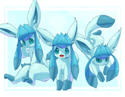 Size: 1068x828 | Tagged: safe, artist:nevedoodle, eeveelution, fictional species, glaceon, mammal, feral, nintendo, pokémon, ambiguous gender, black nose, digital art, ears, fur, hair, looking at you, open mouth, paws, simple background, sitting, solo, solo ambiguous, tail, thighs, tongue