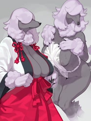 Size: 2048x2732 | Tagged: suggestive, artist:kame, canine, dog, mammal, anthro, 2022, absolute cleavage, arm fluff, big breasts, black nose, breasts, cameltoe, cleavage, clothes, digital art, ears, eyes closed, female, fur, gray body, hair, huge breasts, japanese underwear, kimono (clothing), nudity, partial nudity, pose, simple background, solo, solo female, tail, thighs, underwear, white body, white fur, wide hips