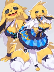 Size: 2048x2732 | Tagged: safe, artist:kame, eeveelution, fictional species, jolteon, mammal, anthro, digitigrade anthro, nintendo, pokémon, 2022, anthrofied, bedroom eyes, black nose, blushing, breasts, cleavage, clothes, digital art, dress, ears, evening gloves, eyelashes, floppy ears, fur, gloves, hair, high res, legwear, long gloves, open mouth, pose, simple background, stockings, swirly eyes, tail, thighs, tongue, wide hips