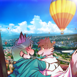 Size: 2362x2362 | Tagged: safe, artist:kourii, oc, canine, mammal, wolf, anthro, duo, georgia (country), hot air balloon, male, tbilisi