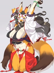 Size: 2048x2732 | Tagged: suggestive, artist:kame, oc, oc only, canine, fictional species, fox, kitsune, mammal, anthro, digitigrade anthro, 2022, belly button, bikini, bikini top, black nose, breasts, clothes, digital art, ears, female, fur, hair, kimono (clothing), kneeling, loincloth, mask, nipple outline, pose, simple background, solo, solo female, swimsuit, tail, thighs, vixen, wide hips