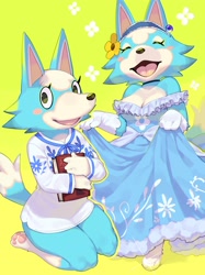 Size: 2048x2732 | Tagged: safe, artist:kame, skye (animal crossing), canine, mammal, wolf, anthro, digitigrade anthro, animal crossing, nintendo, 2022, 2d, black nose, blushing, book, breasts, clothes, digital art, dress, ears, eyelashes, eyes closed, female, fur, heart, holding, holding book, holding object, kneeling, looking at you, open mouth, paw pads, paws, shirt, simple background, solo, solo female, tail, thighs, tongue, topwear, wedding dress, wide hips