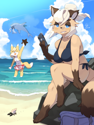 Size: 2048x2732 | Tagged: safe, artist:kame, oc, oc only, canine, fish, fox, mammal, raccoon dog, shark, starfish, anthro, digitigrade anthro, 2020, beach, bedroom eyes, bikini, bikini top, biting, black nose, blushing, bottomwear, cell phone, clothes, digital art, duo, duo female, ears, eyelashes, eyes closed, female, females only, fur, hair, holding, jumping, kemono, looking at you, male, mouth hold, ocean, phone, pose, sarong, shorts, sitting, smartphone, swimsuit, tail, vixen, water