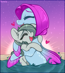 Size: 428x478 | Tagged: safe, artist:esmeia, marble pie (mlp), earth pony, equine, fictional species, fish, mammal, pony, seapony, feral, friendship is magic, hasbro, my little pony, my little pony: the movie, duo, duo female, eyes closed, female, female/female, females only, heart, hug, mare, open mouth, open smile, salina blue (mlp), shipping, smiling