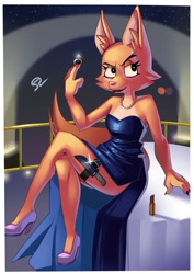 Size: 1488x2105 | Tagged: safe, artist:alvh_omega, diane foxington (the bad guys), canine, fox, mammal, anthro, dreamworks animation, the bad guys, 2022, clothes, female, high heels, jewelry, knife, lipstick, makeup, necklace, ring, shoes, sitting, smiling, solo, solo female, table, vixen, wide hips
