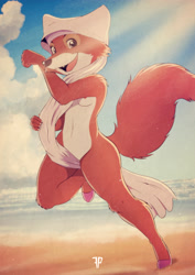 Size: 2480x3508 | Tagged: suggestive, artist:fox-popvli, maid marian (robin hood), canine, fox, mammal, anthro, plantigrade anthro, disney, robin hood (disney), 2018, barely covered, beach, black nose, convenient censorship, covering breasts, digital art, ears, eyelashes, female, fur, hair, headdress, nude beach, nudity, open mouth, running, shoes only, solo, solo female, tail, tongue, vixen