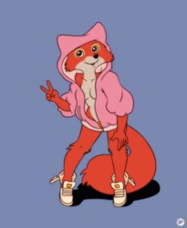 Size: 2625x3200 | Tagged: suggestive, artist:fox-popvli, maid marian (robin hood), canine, fox, mammal, anthro, disney, robin hood (disney), 2021, bent over, black nose, breasts, clothes, digital art, ears, eyelashes, female, fur, gesture, hair, hoodie, nudity, open mouth, peace sign, shoes, simple background, solo, solo female, tail, tongue, topwear, vixen