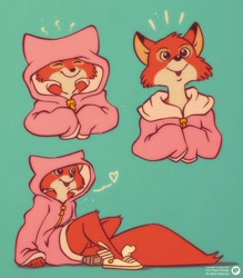 Size: 1400x1600 | Tagged: safe, alternate version, artist:fox-popvli, maid marian (robin hood), canine, fox, mammal, red fox, anthro, disney, robin hood (disney), 2021, black nose, breasts, clothes, cute, digital art, ears, eyelashes, eyes closed, female, fur, hair, hoodie, open mouth, pose, shoes, simple background, sitting, solo, solo female, tail, topwear, vixen