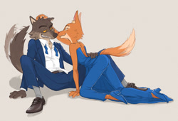 Size: 1280x870 | Tagged: safe, artist:sntr10, diane foxington (the bad guys), mr. wolf (the bad guys), canine, fox, mammal, wolf, anthro, dreamworks animation, the bad guys, 2022, bedroom eyes, duo, female, grin, kneeling, looking at each other, male, romantic, romantic couple, sitting, vixen