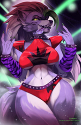 Size: 825x1275 | Tagged: safe, artist:purplelemons, roxanne wolf (fnaf), canine, mammal, wolf, anthro, five nights at freddy's, five nights at freddy's: security breach, 2022, big breasts, breasts, cameltoe, clothes, female, green hair, hair, long hair, looking at you, multicolored hair, smiling, smiling at you, solo, solo female, thick thighs, thighs, two toned hair, white hair