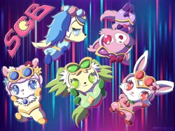 Size: 2048x1536 | Tagged: safe, artist:pety_meals, garnet (jewelpet), peridot (jewelpet), ruby (jewelpet), sapphie (jewelpet), jewelpet (sanrio), sanrio, angela (jewelpet), clothes, female, females only, group, group female, suit