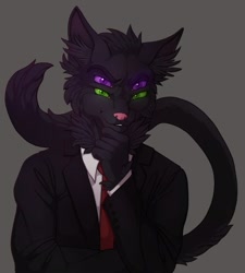 Size: 672x746 | Tagged: safe, artist:hornedgoddess, oc, oc only, oc:nick nocturne, cat, demon, feline, fictional species, mammal, anthro, black body, black fur, clothes, digital art, ears, fur, green eyes, looking at you, male, multiple eyes, necktie, purple eyes, shirt, simple background, solo, solo male, suit, tail, topwear
