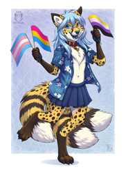 Size: 727x1000 | Tagged: safe, artist:kacey, oc, oc:neko ed, canine, cheetah, feline, fictional species, fox, hybrid, kitsune, mammal, anthro, aloha shirt, belly button, blue hair, blue tongue, bottomwear, brown body, brown fur, chest fluff, clothes, collar, colored tongue, digital art, ears, flag, fluff, fur, glasses, gloves (arm marking), hair, heterochromia, looking at you, multiple tails, nonbinary pride flag, pansexual pride flag, paws, pride flag, shirt, skirt, smiling, socks (leg marking), solo, spotted fur, tail, tan body, tan fur, three tails, tongue, topwear, transgender, transgender pride flag
