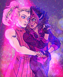 Size: 788x963 | Tagged: safe, artist:queerstalline-void, adora (she-ra), catra (she-ra), animal humanoid, cat, feline, fictional species, human, mammal, humanoid, dreamworks animation, she-ra and the princesses of power, anime, blonde hair, blue eyes, clothes, duo, duo female, ears, fanart, female, females only, hair, princess