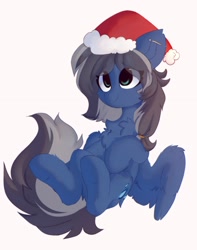 Size: 1408x1785 | Tagged: safe, artist:fluffy_sketch, oc, oc only, oc:azure sapphire, equine, fictional species, mammal, pegasus, pony, feral, friendship is magic, hasbro, my little pony, 2022, blue body, chest fluff, christmas, clothes, cute, ear piercing, eye through hair, eyebrow through hair, eyebrows, feathered wings, feathers, female, fluff, hair, hat, headwear, holiday, mare, piercing, santa hat, smiling, solo, solo female, spread wings, tail, wings