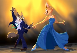 Size: 2313x1600 | Tagged: safe, artist:krossan, diane foxington (the bad guys), mr. wolf (the bad guys), canine, fox, mammal, wolf, anthro, dreamworks animation, the bad guys, 2022, dancing, duo, female, looking at each other, male, open mouth, open smile, smiling, vixen