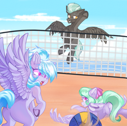Size: 2117x2100 | Tagged: safe, artist:thieftea, cloudchaser (mlp), flitter (mlp), thunderlane (mlp), equine, fictional species, mammal, pegasus, pony, friendship is magic, hasbro, my little pony, ball, beach volleyball, butt, spread wings, volleyball, wings
