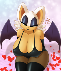 Size: 3000x3500 | Tagged: suggestive, artist:demonkussh, rouge the bat (sonic), bat, mammal, anthro, sega, sonic the hedgehog (series), 2022, bat wings, bedroom eyes, bent over, big breasts, breasts, bunny suit, clothes, digital art, ears, eyelashes, female, fur, goth, hair, legwear, looking at you, nipple outline, solo, solo female, spread wings, stockings, tail, thighs, webbed wings, wide hips, wings