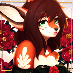 Size: 801x800 | Tagged: safe, artist:bambolbi, oc, oc:poppy (lavallett1), canine, fox, mammal, wolf, abstract background, black nose, breasts, brown hair, bust, commission, flower, fur, green eyes, hair, headshot, looking at you, multicolored fur, open mouth, orange body, orange fur, plant, rose, smiling, smiling at you, two toned body, two toned fur, white body, white fur, ych, ych result