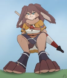 Size: 2219x2567 | Tagged: safe, artist:drunkarcher, lop (star wars: visions), lagomorph, mammal, rabbit, anthro, plantigrade anthro, disney, star wars, star wars: visions, clothes, female, giantess, larger female, macro, micro, size difference, smaller male