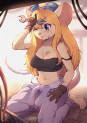 Size: 1745x2475 | Tagged: suggestive, artist:evomanaphy, gadget hackwrench (chip 'n dale: rescue rangers), mammal, mouse, rodent, anthro, plantigrade anthro, chip 'n dale: rescue rangers, disney, 2021, belly button, breasts, chest fluff, cleavage, digital art, female, fluff, goggles, goggles on head, kneeling, mechanic, solo, solo female, wrench