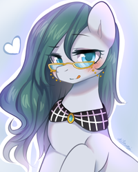Size: 2000x2500 | Tagged: safe, artist:shilzumi, cloudy quartz (mlp), earth pony, equine, fictional species, mammal, pony, feral, friendship is magic, hasbro, my little pony, 2016, adoraquartz, bedroom eyes, blushing, colored pupils, cute, eye through hair, female, glasses, hair, heart, high res, licking, licking lips, looking at you, loose hair, mare, pixiv, smiling, solo, solo female, tongue, tongue out