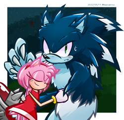 Size: 1791x1732 | Tagged: safe, artist:airouloveyou, amy rose (sonic), sonic the hedgehog (sonic), sonic the werehog (sonic), hedgehog, mammal, anthro, sega, sonic the hedgehog (series), sonic unleashed, 2022, claws, duo, eyelashes, female, male, sweat, werebeast, werehog