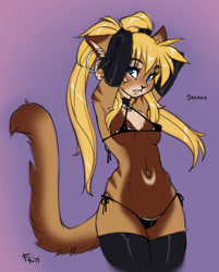 Size: 698x868 | Tagged: suggestive, artist:fluff-kevlar, oc, oc only, oc:sahara (skimike), cat, feline, mammal, anthro, 2015, bikini, blonde hair, breasts, clothes, ear fluff, female, fluff, hair, looking at you, small breasts, solo, solo female, swimsuit, tail, tail fluff, thighs