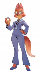 Size: 1466x2594 | Tagged: safe, artist:zeker_art, diane foxington (the bad guys), canine, fox, mammal, anthro, dreamworks animation, the bad guys, 2022, breasts, clothes, female, glasses, high heels, looking at you, ring, shoes, smiling, smiling at you, solo, solo female, vixen
