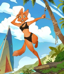 Size: 855x989 | Tagged: safe, artist:paradox_jh, diane foxington (the bad guys), canine, fox, mammal, anthro, dreamworks animation, the bad guys, barefoot, belly button, big breasts, bikini, black bikini, black swimsuit, breasts, claws, clothes, cloud, feet, female, looking at you, palm tree, plant, sky, smiling, smiling at you, solo, solo female, swimsuit, thick thighs, thighs, toe claws, toes, tree, two piece swimsuit, vixen, wide hips