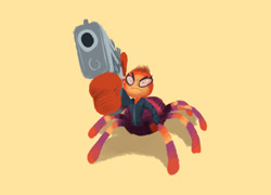 Size: 3147x2264 | Tagged: safe, artist:inker_comics, ms. tarantula (the bad guys), arachnid, arthropod, spider, tarantula, anthro, taur, dreamworks animation, the bad guys, 2022, delet this, drider, female, gun, looking at you, pointing at you, solo, solo female, weapon