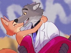Size: 2048x1534 | Tagged: safe, artist:kmiao6, diane foxington (the bad guys), mr. wolf (the bad guys), canine, fox, mammal, wolf, anthro, dreamworks animation, the bad guys, 2022, biting, duo, eyes closed, female, male, open mouth, open smile, romantic, romantic couple, smiling, vixen