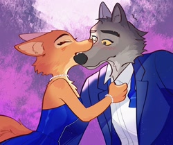 Size: 2048x1716 | Tagged: safe, artist:kmiao6, diane foxington (the bad guys), mr. wolf (the bad guys), canine, fox, mammal, wolf, anthro, dreamworks animation, the bad guys, 2022, anthro/anthro, biting, blushing, breasts, duo, duo male and female, eyes closed, female, jewelry, male, male/female, necklace, romantic, romantic couple, shipping, shy, vixen