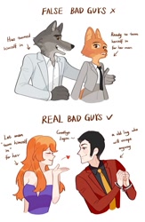 Size: 667x1024 | Tagged: safe, artist:kmiao6, diane foxington (the bad guys), fujiko mine (lupin iii), mr. wolf (the bad guys), canine, fox, human, mammal, wolf, anthro, arsène lupin iii (lupin iii), dreamworks animation, lupin iii, the bad guys, 2022, big breasts, breasts, female, group, heart, looking at each other, looking back, love heart, male, open mouth, open smile, smiling, vixen